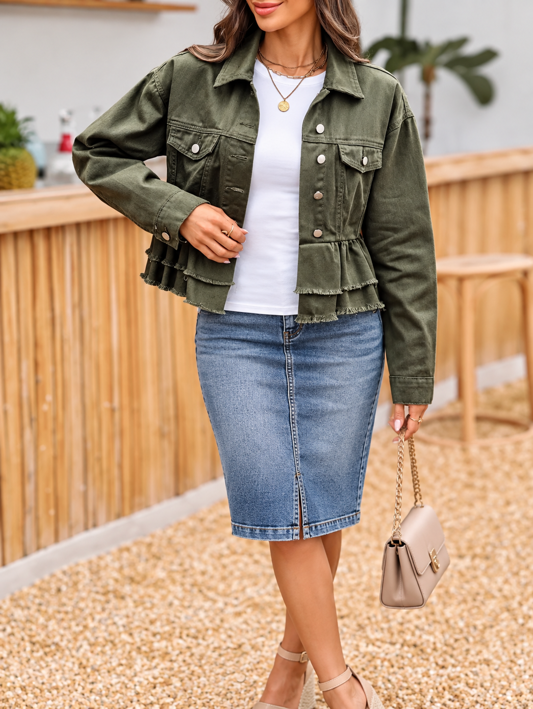Ruffle Raw Hem Denim Jacket