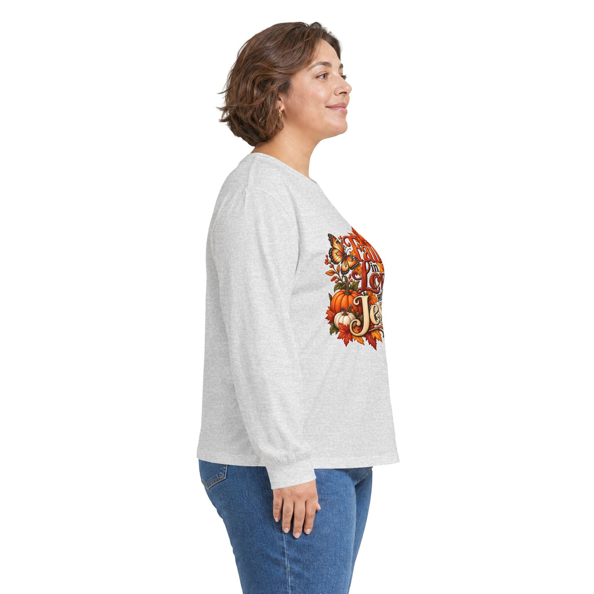 Fall in Love With Jesus Long Sleeve Shirt, Christian Fall Shirt, Women’s Autumn Faith Tee, Pumpkin Butterfly Graphic Top
