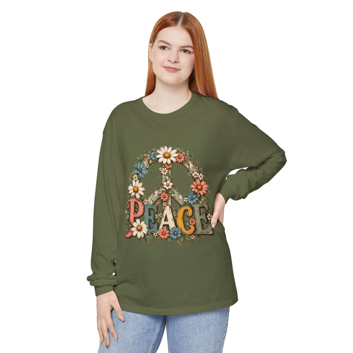 Vintage Floral Peace Sign Long Sleeve Shirt for Women