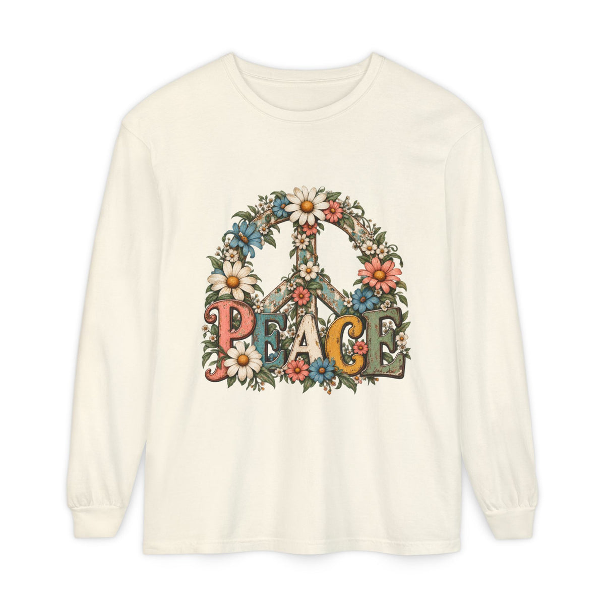 Vintage Floral Peace Sign Long Sleeve Shirt for Women