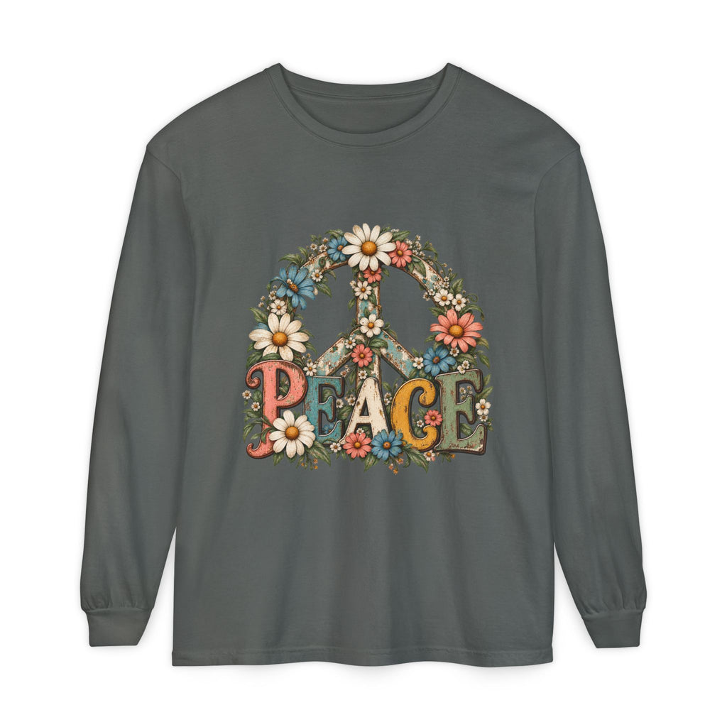 Vintage Floral Peace Sign Long Sleeve Shirt for Women