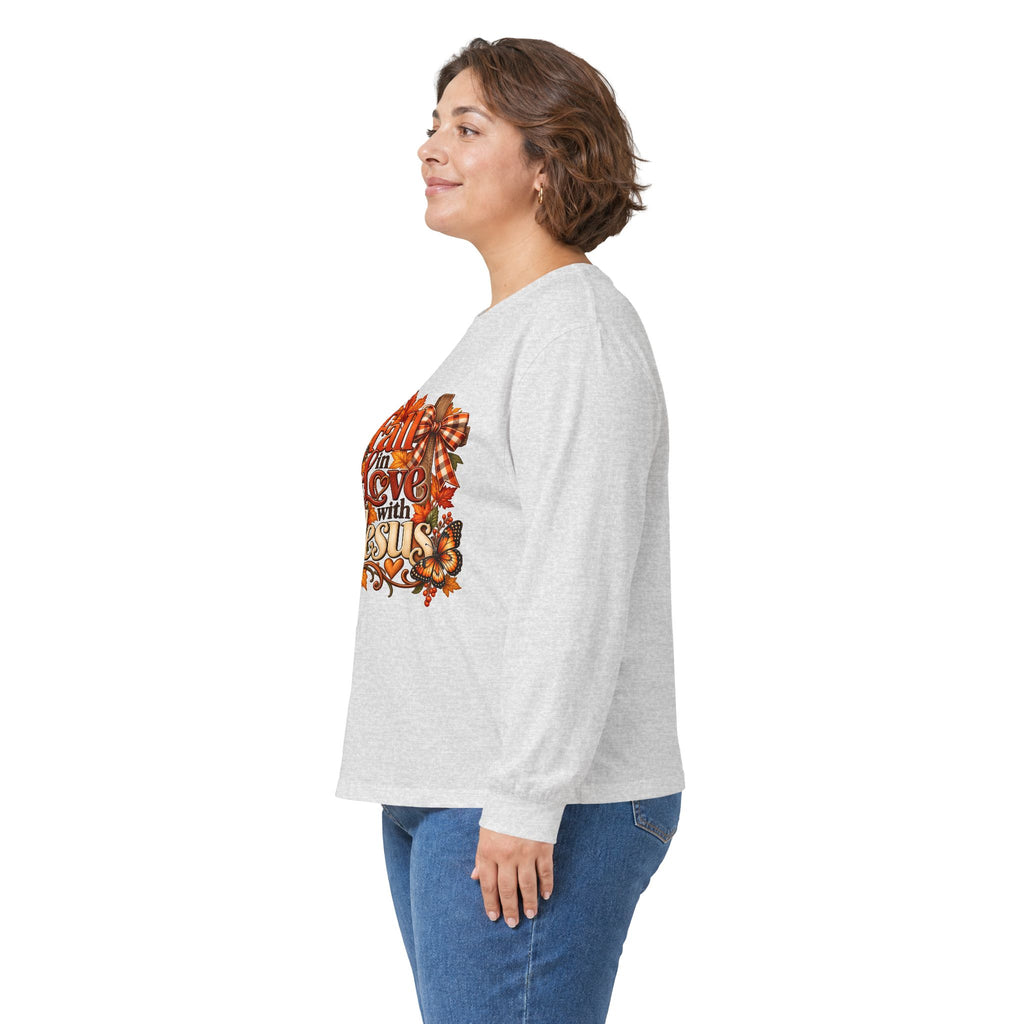 Fall in Love With Jesus Long Sleeve Shirt, Christian Fall Shirt, Women’s Autumn Faith Tee, Pumpkin Butterfly Graphic Top