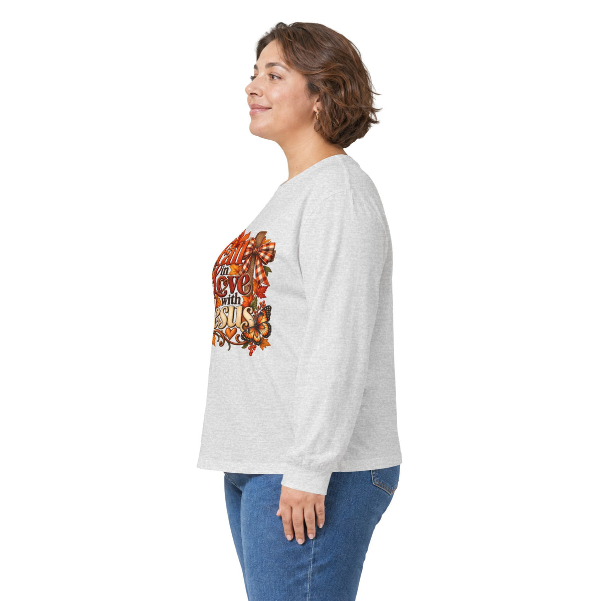 Fall in Love With Jesus Long Sleeve Shirt, Christian Fall Shirt, Women’s Autumn Faith Tee, Pumpkin Butterfly Graphic Top