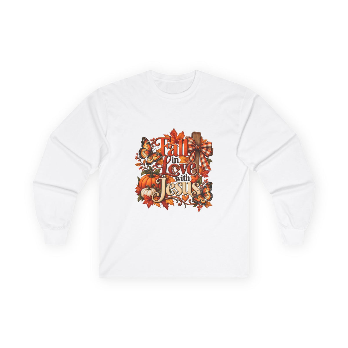 Fall in Love With Jesus Long Sleeve Shirt, Christian Fall Shirt, Women’s Autumn Faith Tee, Pumpkin Butterfly Graphic Top
