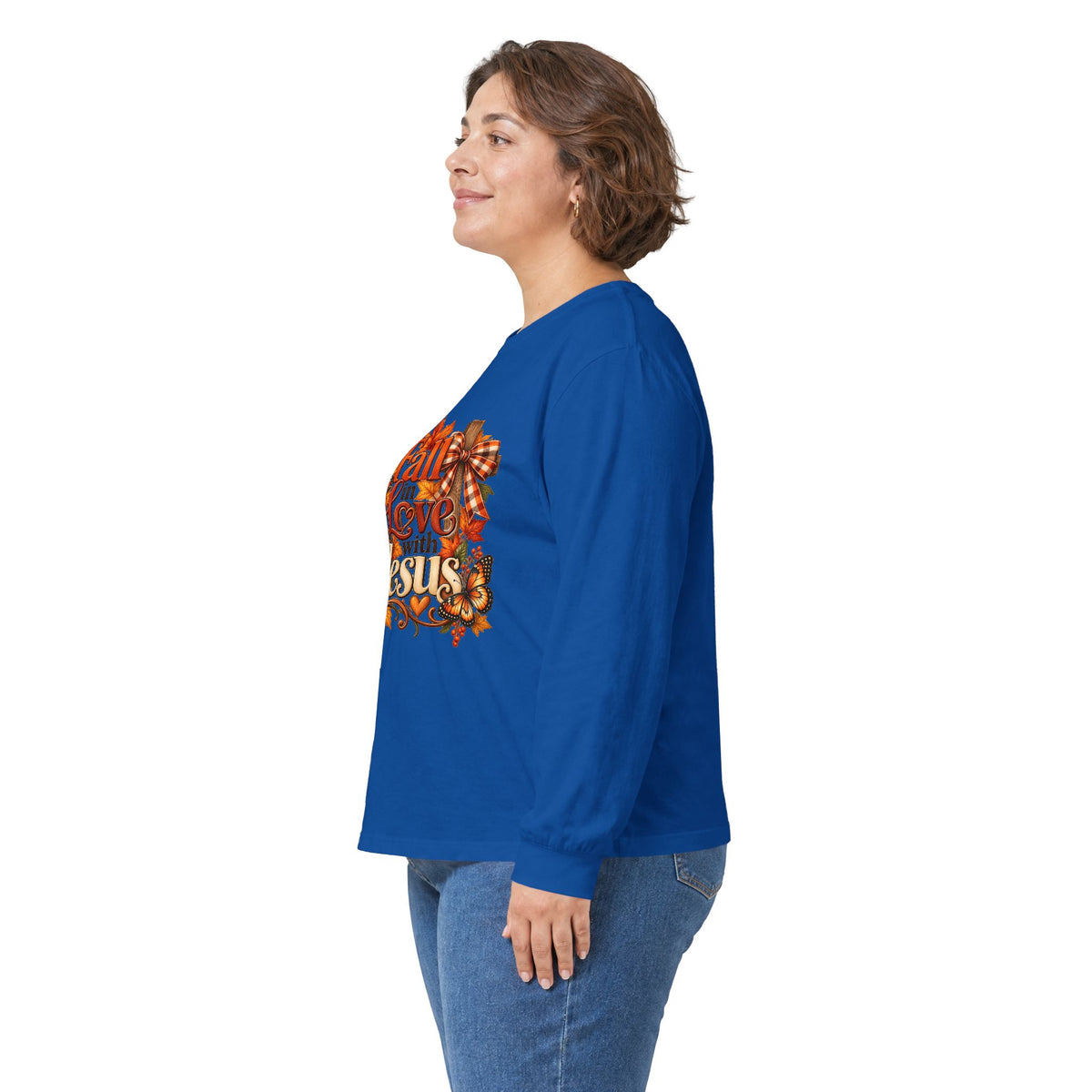 Fall in Love With Jesus Long Sleeve Shirt, Christian Fall Shirt, Women’s Autumn Faith Tee, Pumpkin Butterfly Graphic Top