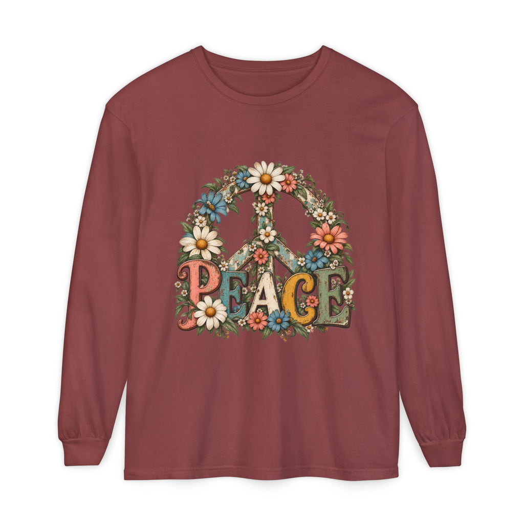 Vintage Floral Peace Sign Long Sleeve Shirt for Women