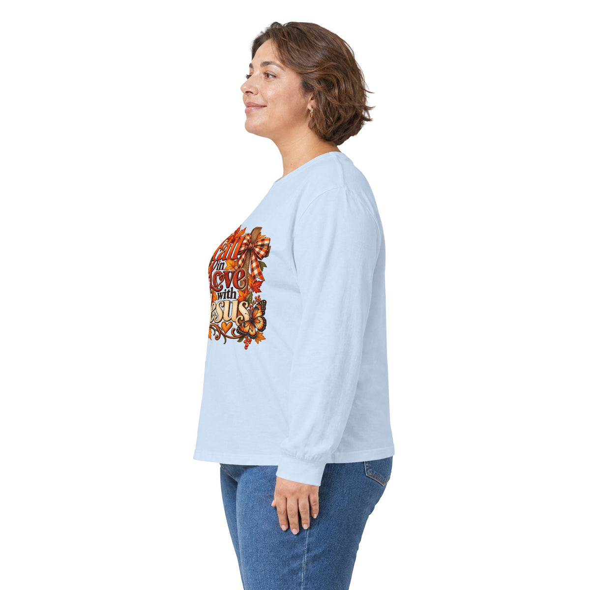Fall in Love With Jesus Long Sleeve Shirt, Christian Fall Shirt, Women’s Autumn Faith Tee, Pumpkin Butterfly Graphic Top