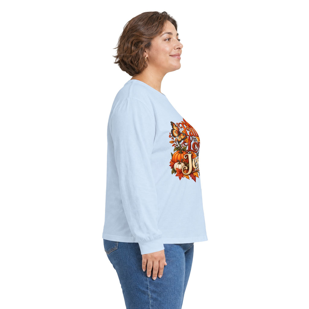 Fall in Love With Jesus Long Sleeve Shirt, Christian Fall Shirt, Women’s Autumn Faith Tee, Pumpkin Butterfly Graphic Top