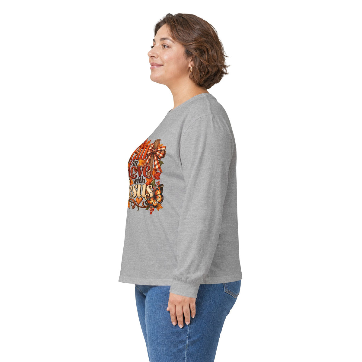 Fall in Love With Jesus Long Sleeve Shirt, Christian Fall Shirt, Women’s Autumn Faith Tee, Pumpkin Butterfly Graphic Top
