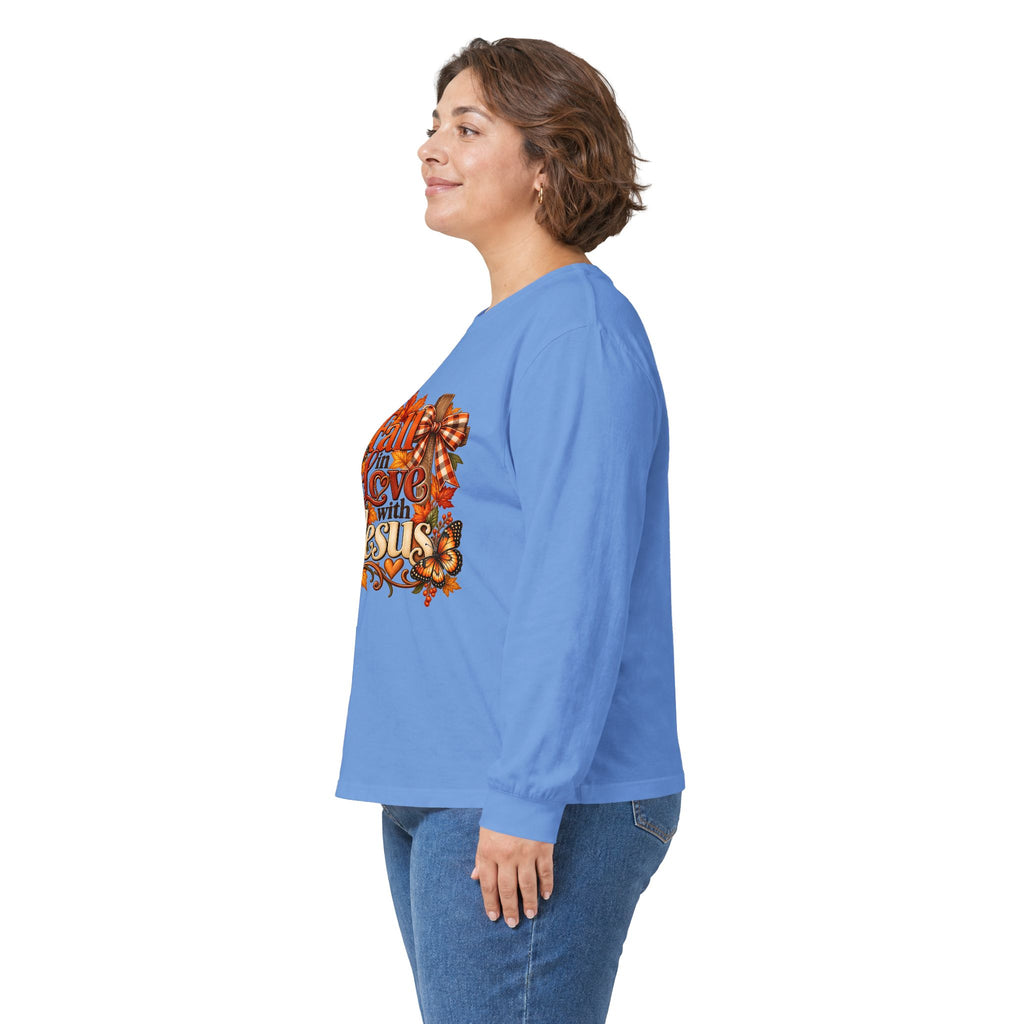 Fall in Love With Jesus Long Sleeve Shirt, Christian Fall Shirt, Women’s Autumn Faith Tee, Pumpkin Butterfly Graphic Top