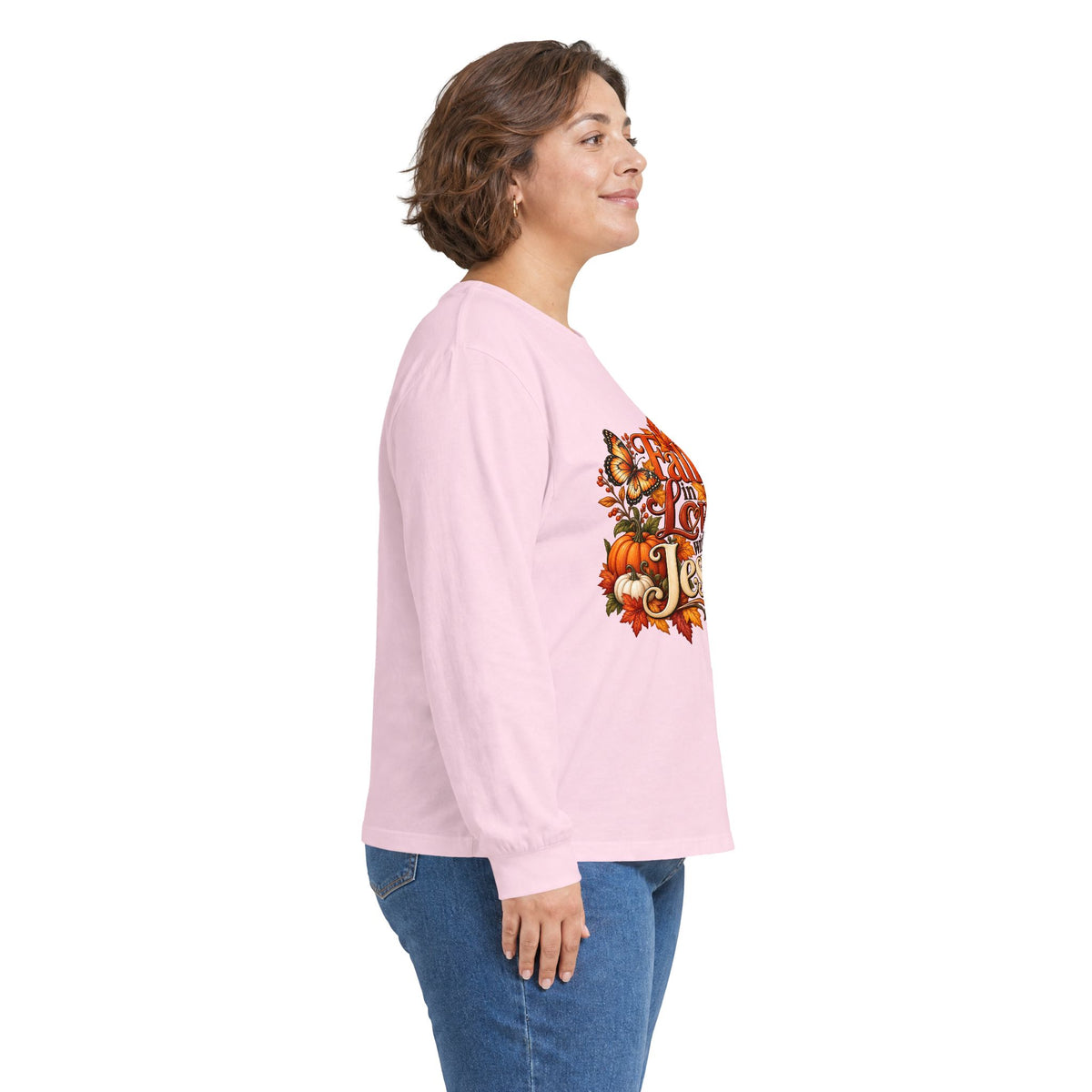 Fall in Love With Jesus Long Sleeve Shirt, Christian Fall Shirt, Women’s Autumn Faith Tee, Pumpkin Butterfly Graphic Top