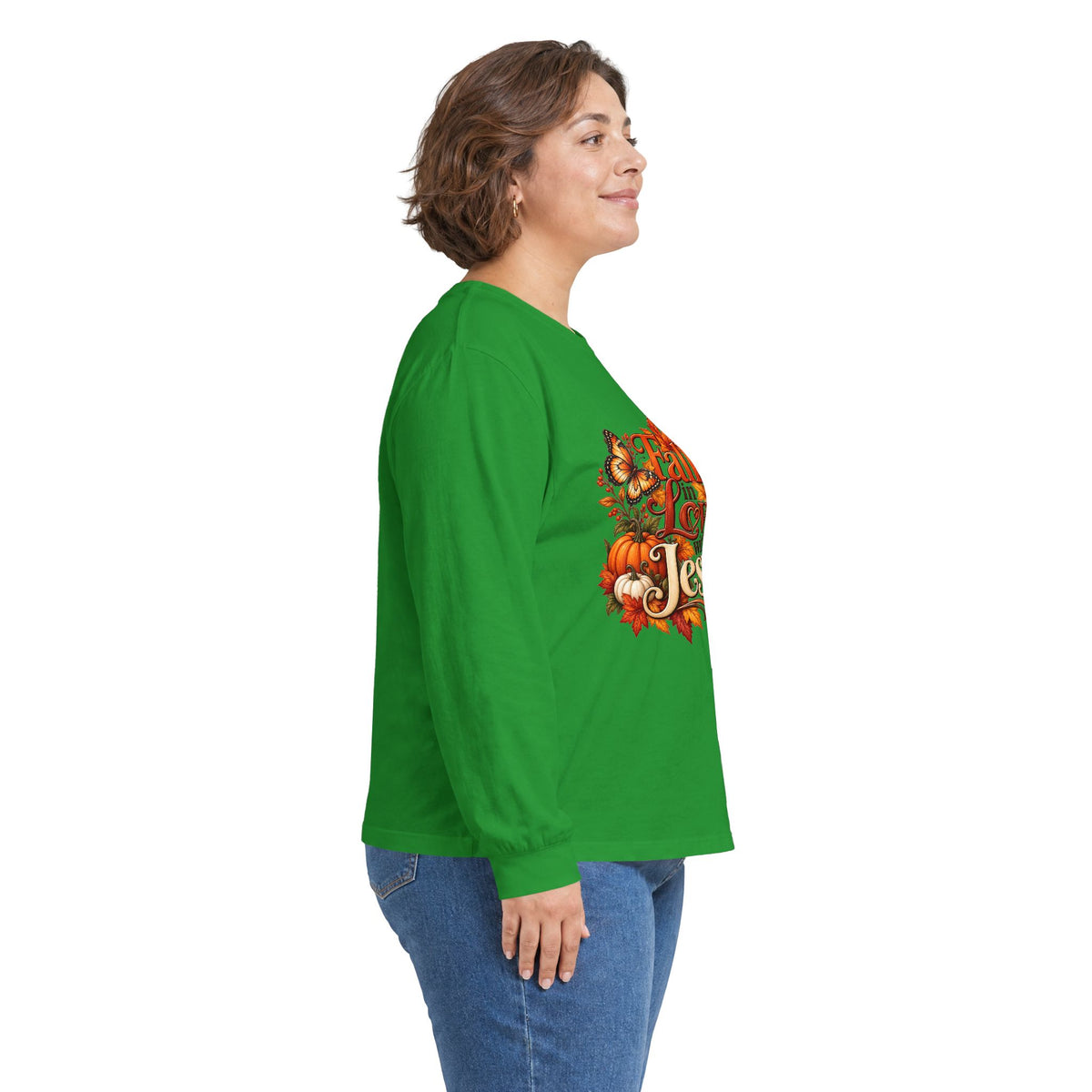 Fall in Love With Jesus Long Sleeve Shirt, Christian Fall Shirt, Women’s Autumn Faith Tee, Pumpkin Butterfly Graphic Top