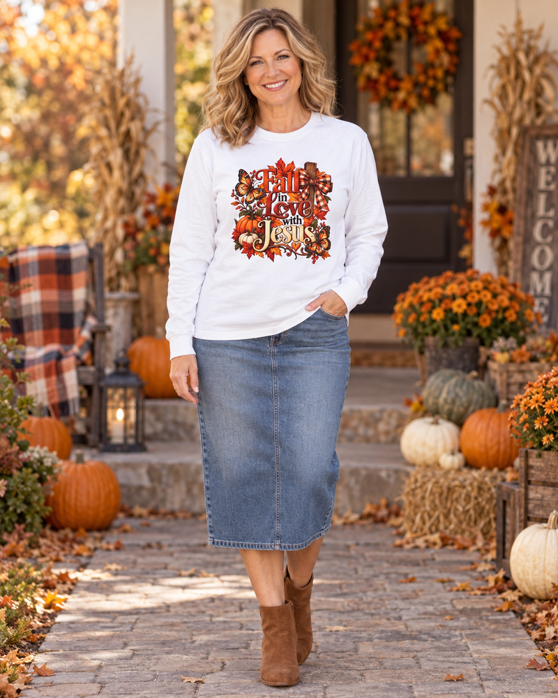 Fall in Love With Jesus Long Sleeve Shirt, Christian Fall Shirt, Women’s Autumn Faith Tee, Pumpkin Butterfly Graphic Top