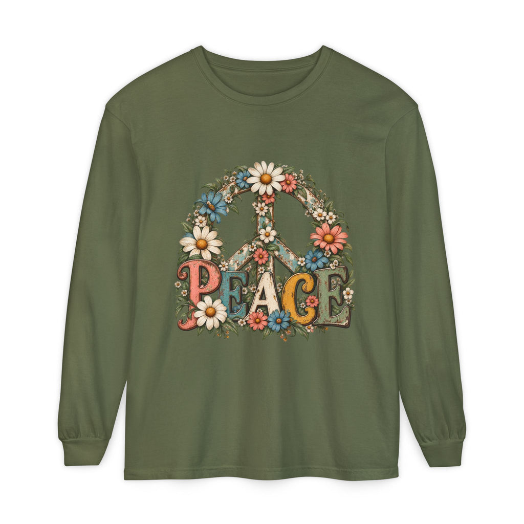 Vintage Floral Peace Sign Long Sleeve Shirt for Women