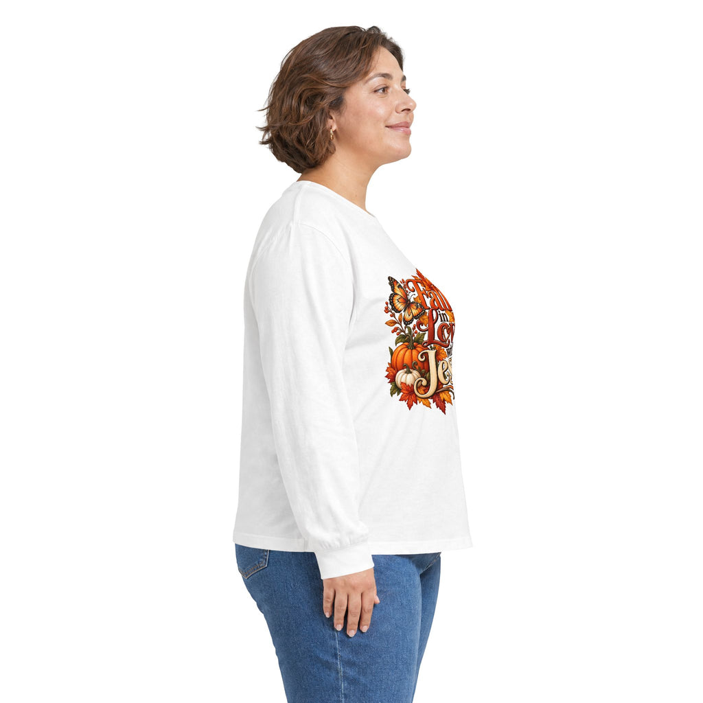 Fall in Love With Jesus Long Sleeve Shirt, Christian Fall Shirt, Women’s Autumn Faith Tee, Pumpkin Butterfly Graphic Top