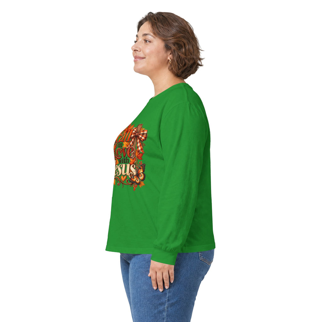 Fall in Love With Jesus Long Sleeve Shirt, Christian Fall Shirt, Women’s Autumn Faith Tee, Pumpkin Butterfly Graphic Top
