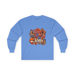 Fall in Love With Jesus Long Sleeve Shirt, Christian Fall Shirt, Women’s Autumn Faith Tee, Pumpkin Butterfly Graphic Top