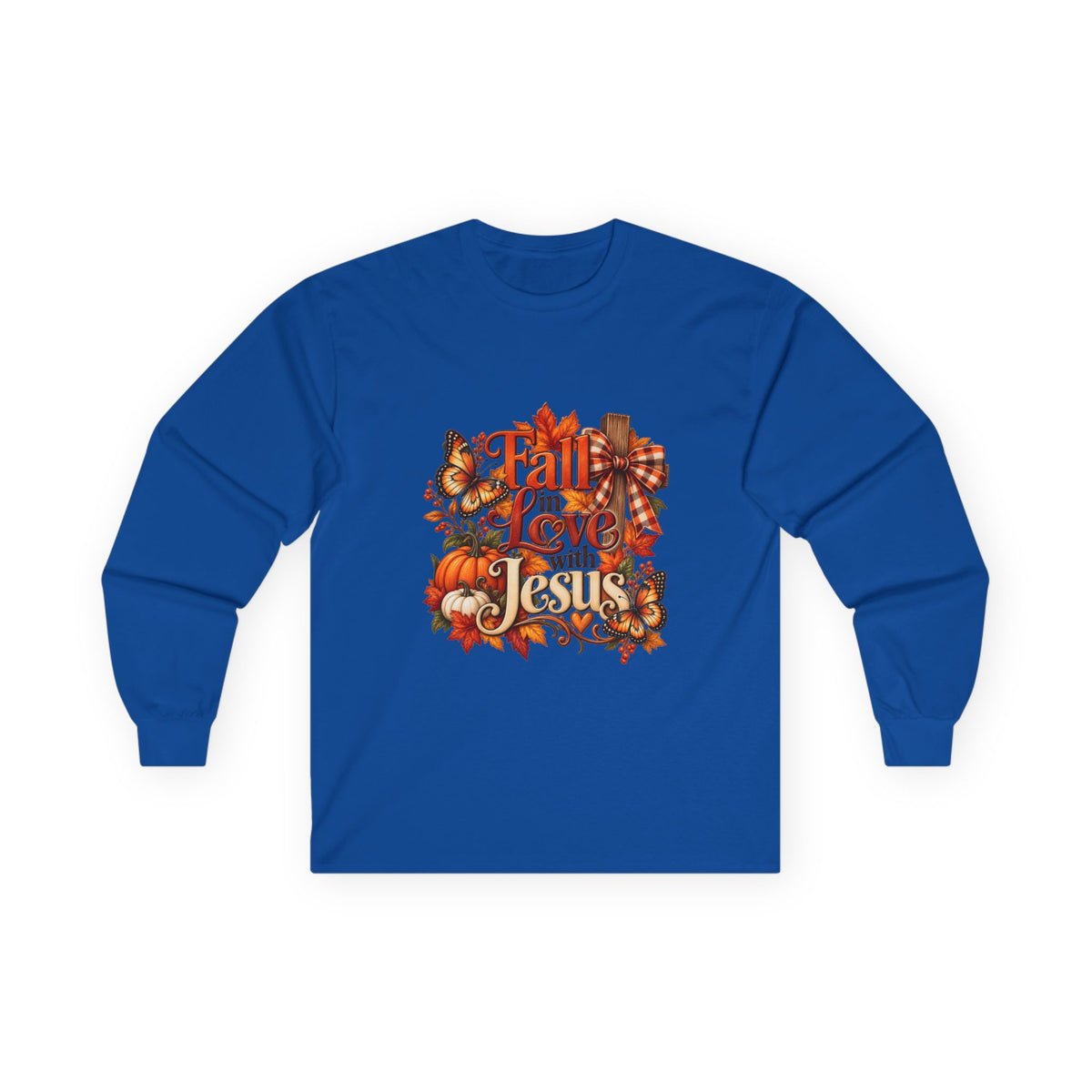 Fall in Love With Jesus Long Sleeve Shirt, Christian Fall Shirt, Women’s Autumn Faith Tee, Pumpkin Butterfly Graphic Top