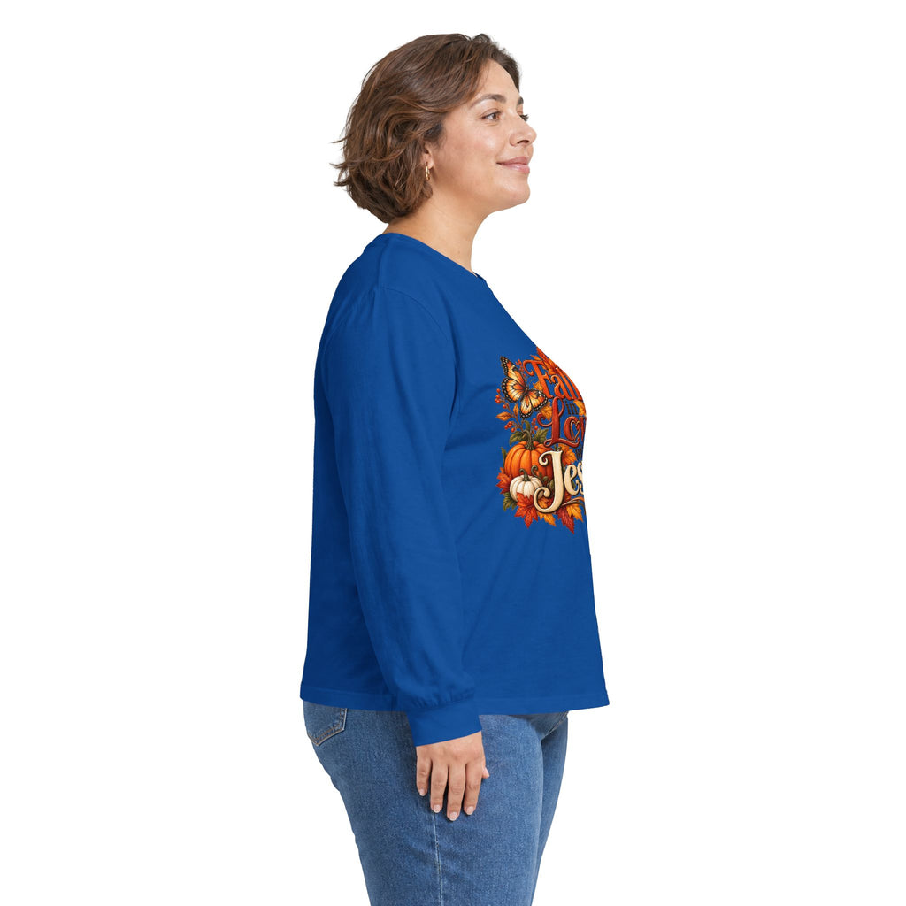 Fall in Love With Jesus Long Sleeve Shirt, Christian Fall Shirt, Women’s Autumn Faith Tee, Pumpkin Butterfly Graphic Top