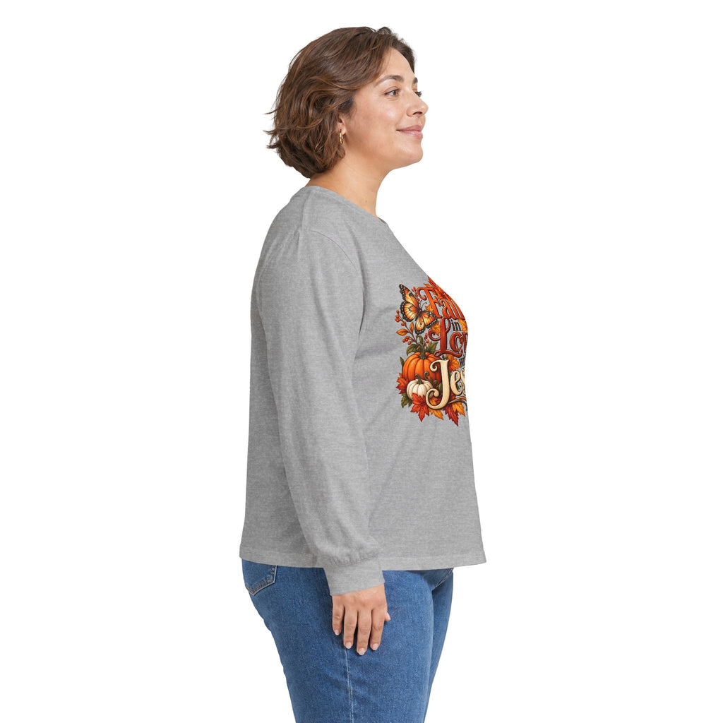 Fall in Love With Jesus Long Sleeve Shirt, Christian Fall Shirt, Women’s Autumn Faith Tee, Pumpkin Butterfly Graphic Top