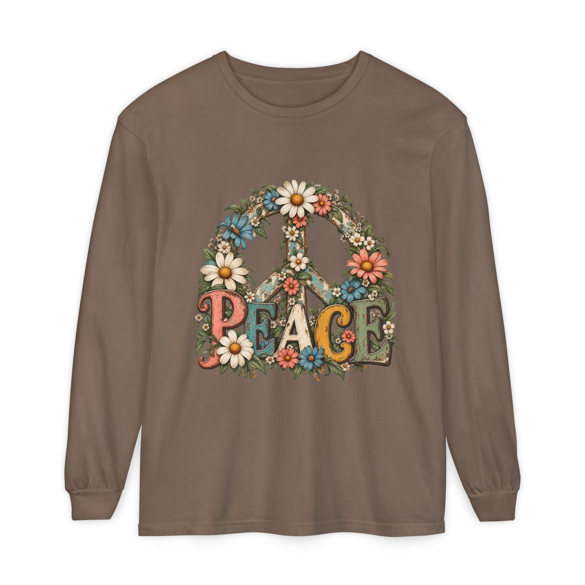 Vintage Floral Peace Sign Long Sleeve Shirt for Women