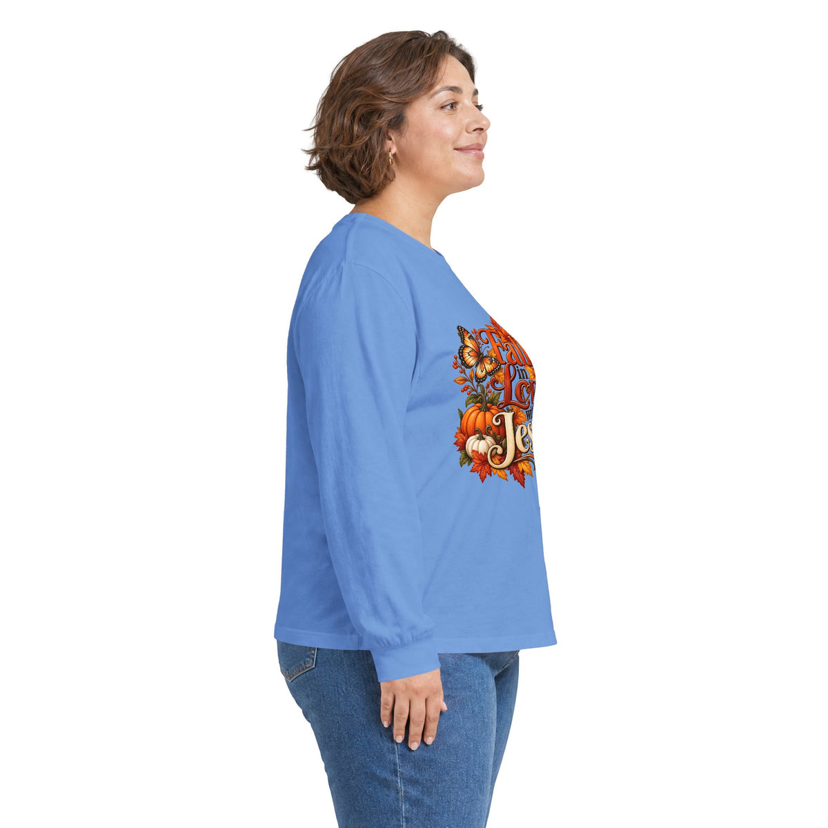 Fall in Love With Jesus Long Sleeve Shirt, Christian Fall Shirt, Women’s Autumn Faith Tee, Pumpkin Butterfly Graphic Top