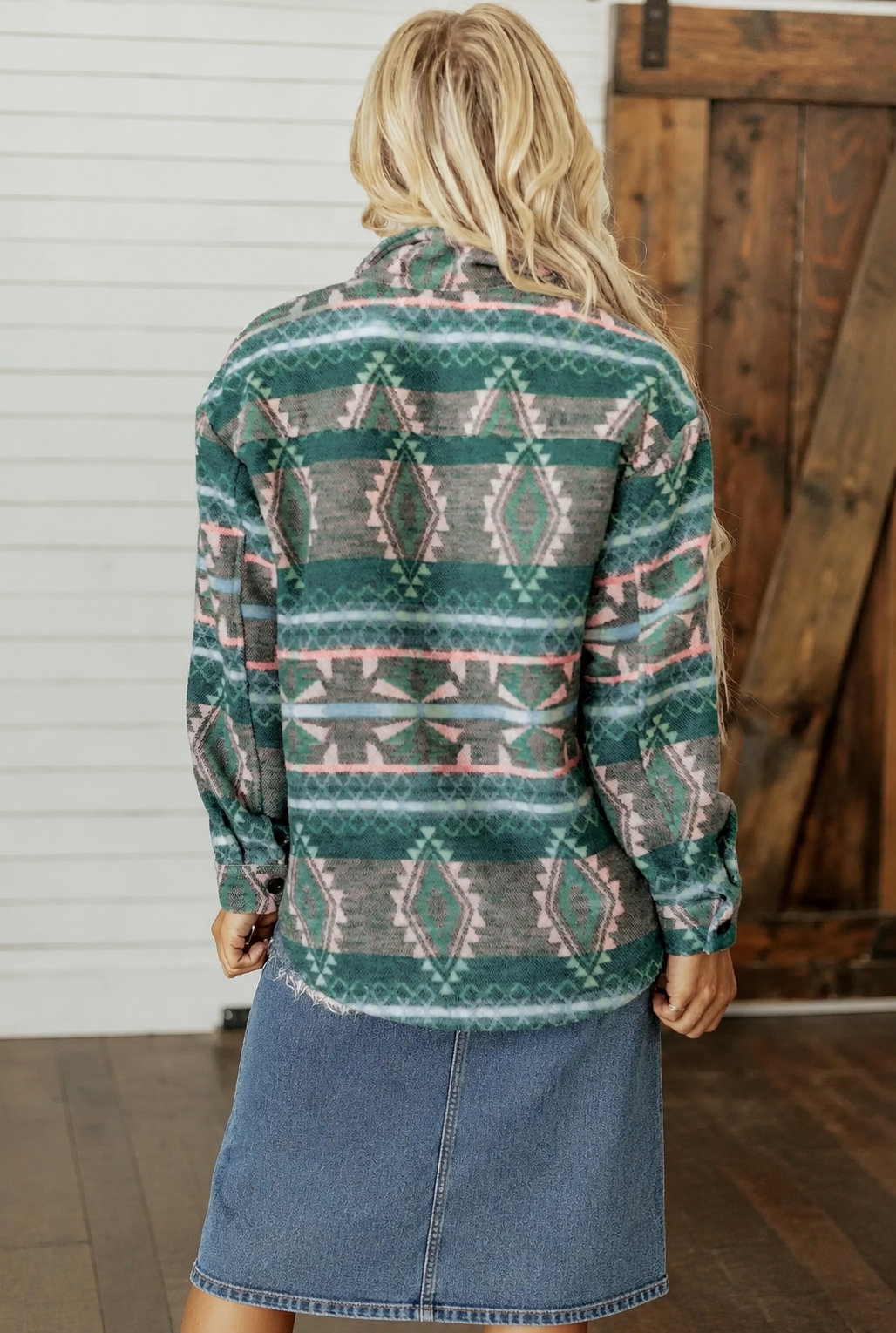 Geometric Print Button Front Long Sleeve Shacket